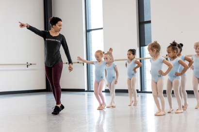 group of children in ballet clothes with teacher