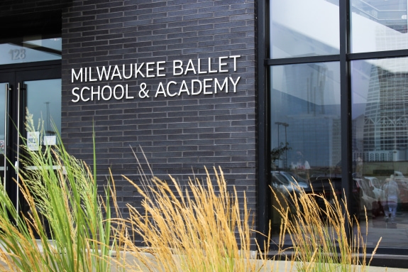 Milwaukee Ballet School and Academy signage on the Baumgartner Center for Dance building